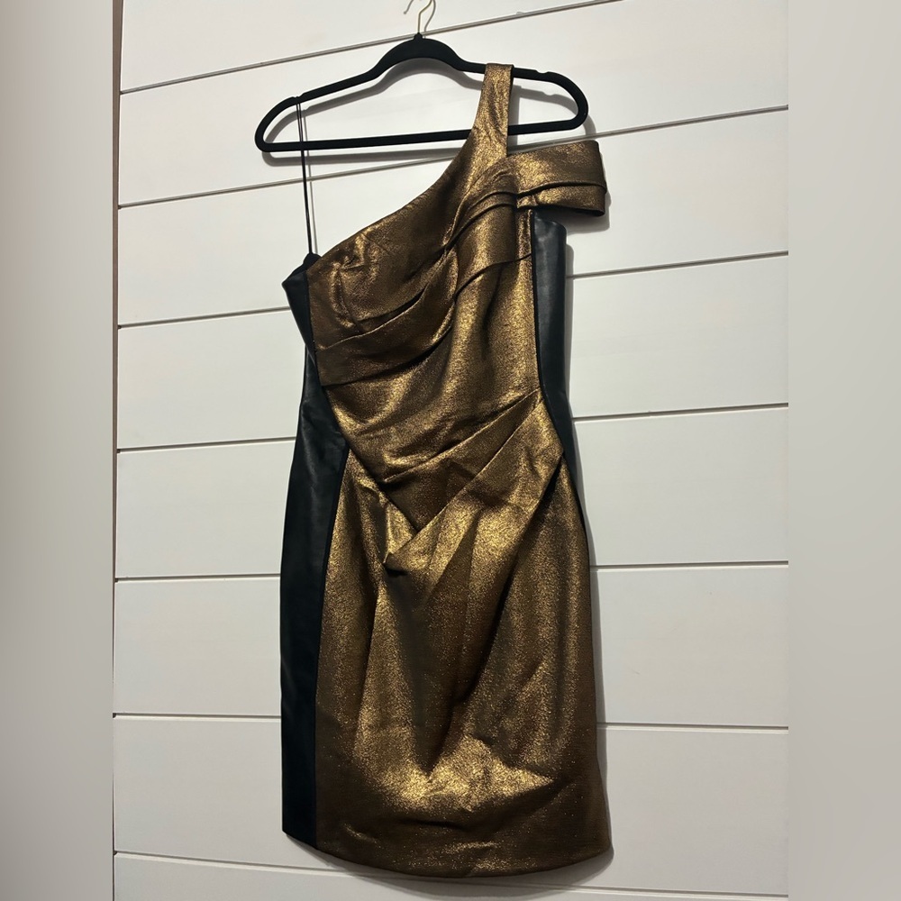 J. Mendel One-Shoulder Metallic Gold and Black Cocktail Dress